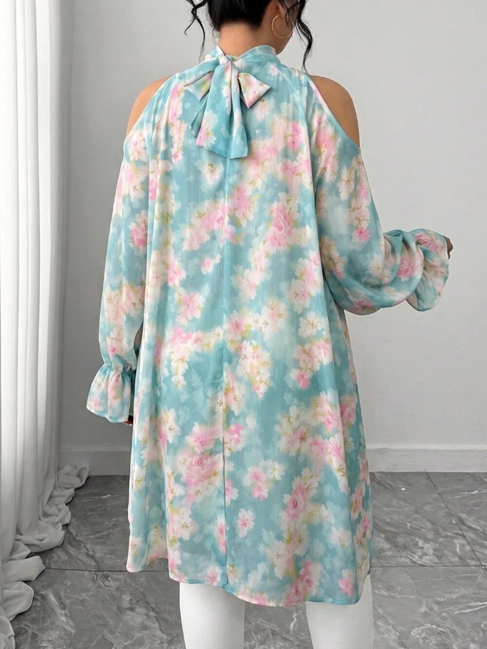 Mint Blue Casual Women's Plus Size Elegant Soft Floral Print Chiffon Blouse - Picture 2 of 6